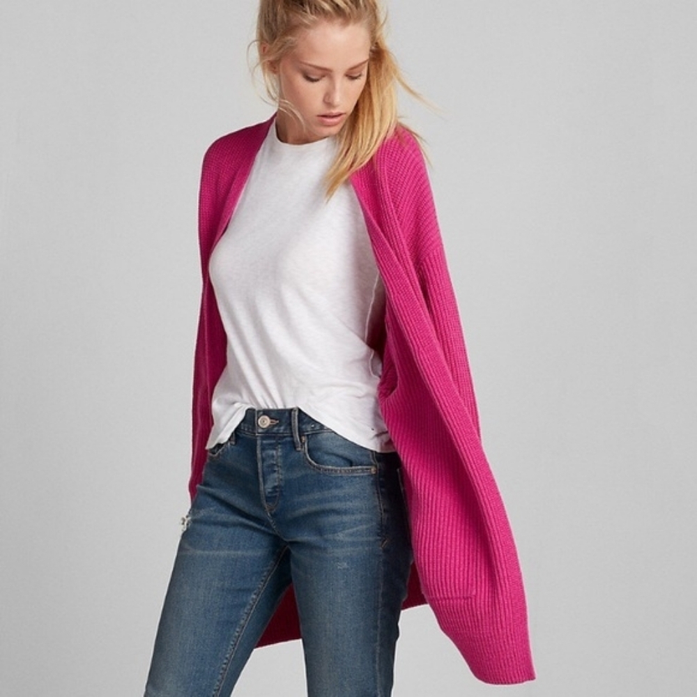Express Hot Pink Duster Cardigan Knit Open Front Sweater Medium